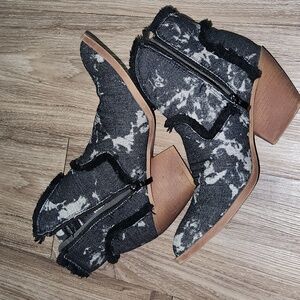 Western Distressed Black Gray Ankle Boots With Side Zip Pointed Square Toe 39